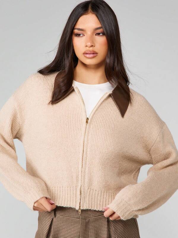 missguided MISSGUIDED Cropped Zip Up Cardigan With Leather Collar