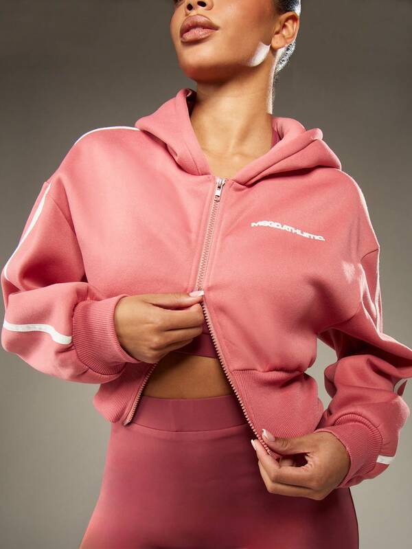 missguided MISSGUIDED Cropped Zip Up Hoodie With Drawstring And White Stripe