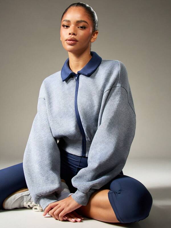 missguided MISSGUIDED Cropped Zip Up Sweatshirt With Ribbed Collar And Waistband