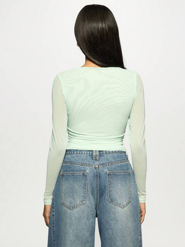Missguided MISSGUIDED Crystal Embellished Long Sleeve Mesh Layer Crop Top