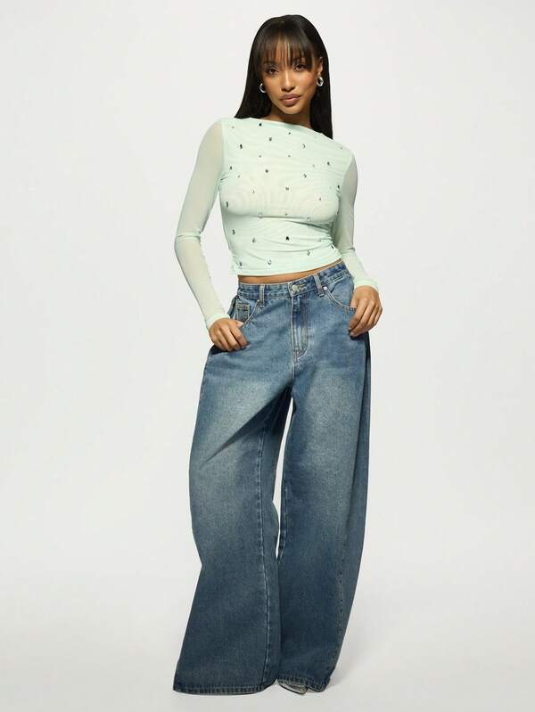 Missguided MISSGUIDED Crystal Embellished Long Sleeve Mesh Layer Crop Top