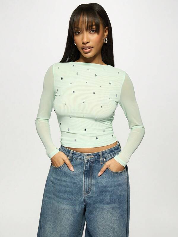 missguided MISSGUIDED Crystal Embellished Long Sleeve Mesh Layer Crop Top
