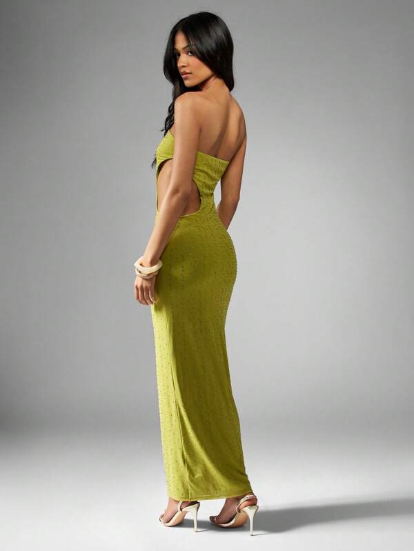 Missguided MISSGUIDED Crystal Embellished Strapless Cut Out Side Bodycon Maxi Dress