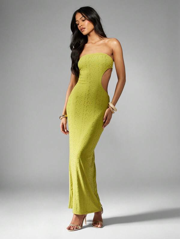 Missguided MISSGUIDED Crystal Embellished Strapless Cut Out Side Bodycon Maxi Dress