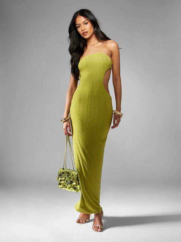 missguided MISSGUIDED Crystal Embellished Strapless Cut Out Side Bodycon Maxi Dress