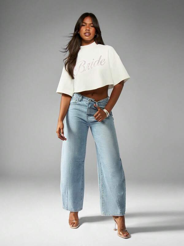 Missguided MISSGUIDED Customized Crop Top Women T-Shirts With Diamond Print