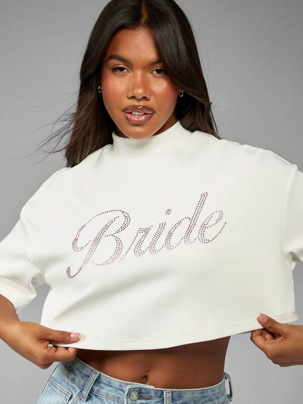 Missguided MISSGUIDED Customized Crop Top Women T-Shirts With Diamond Print
