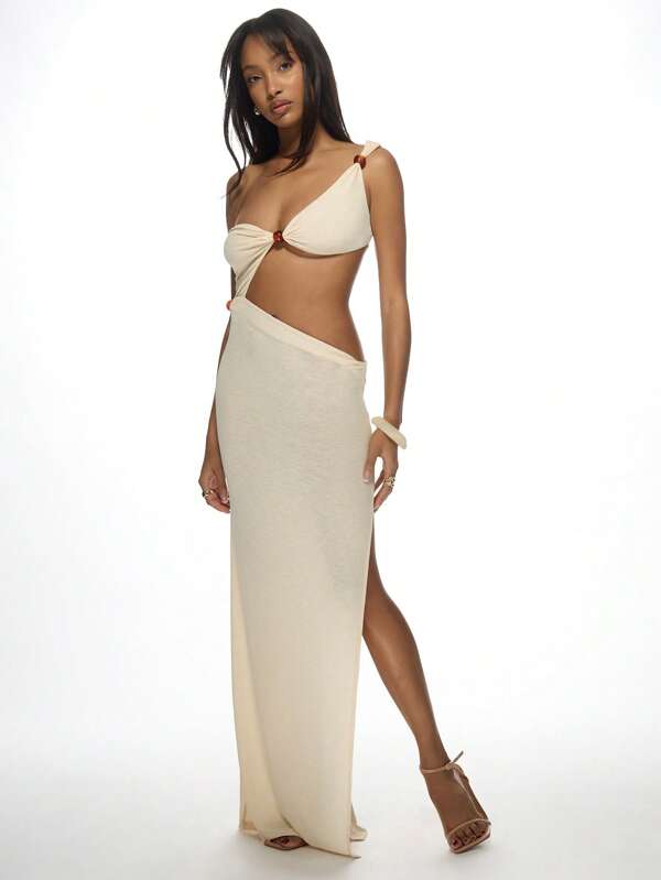 Missguided MISSGUIDED Cut Out Asymmetrical Side Opening Twisted Beaded Maxi Dress