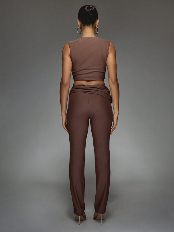 Missguided MISSGUIDED Cut-Out Crop Sleeveless Top And Ruched Waist Flare Hem Pants Two Piece Co-Ord Set