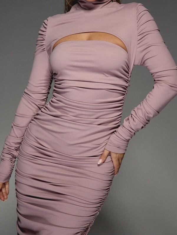 Missguided MISSGUIDED Cut-Out High Neck Long Sleeves Ruched Side Slit Slinky Maxi Dress