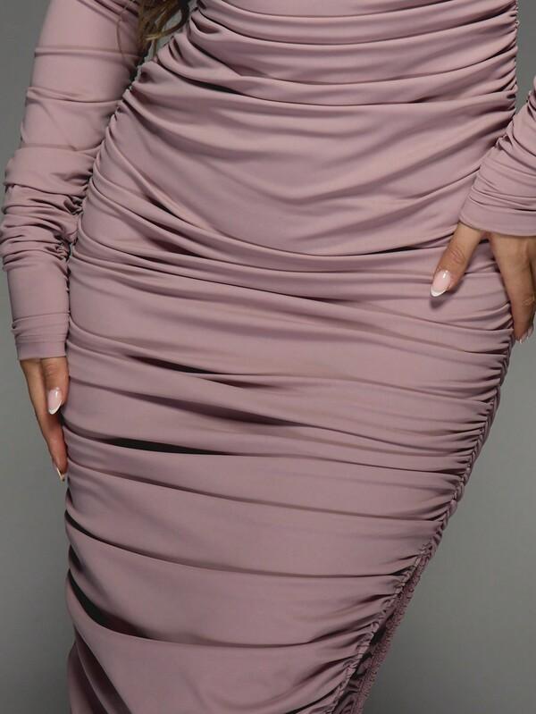 Missguided MISSGUIDED Cut-Out High Neck Long Sleeves Ruched Side Slit Slinky Maxi Dress