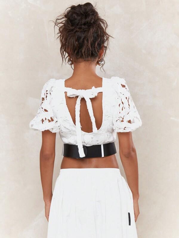 Missguided MISSGUIDED Cut-Out Lace Balloon Short Sleeves Square Neck Belted Hem Crop Top