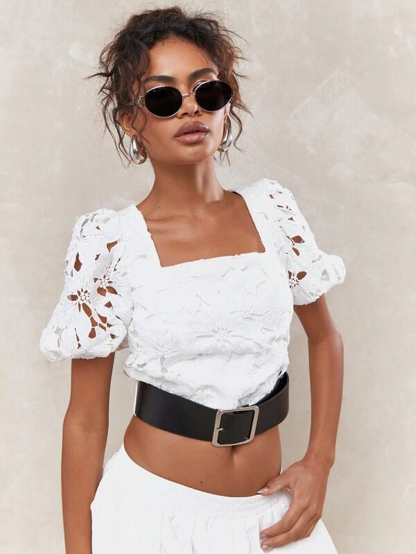Missguided MISSGUIDED Cut-Out Lace Balloon Short Sleeves Square Neck Belted Hem Crop Top
