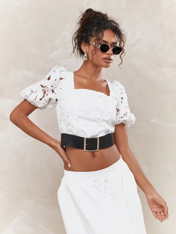 missguided MISSGUIDED Cut-Out Lace Balloon Short Sleeves Square Neck Belted Hem Crop Top