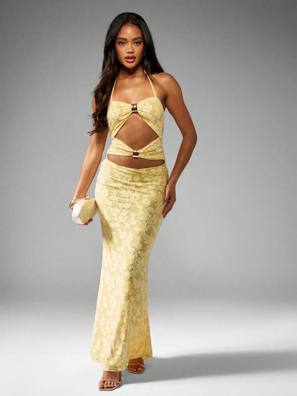 Missguided MISSGUIDED Cut Out Metallic Jacquard Pattern Maxi Dress With Gold Hardware