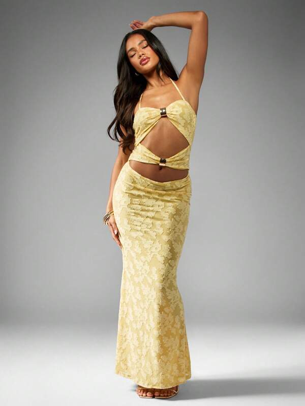 missguided MISSGUIDED Cut Out Metallic Jacquard Pattern Maxi Dress With Gold Hardware