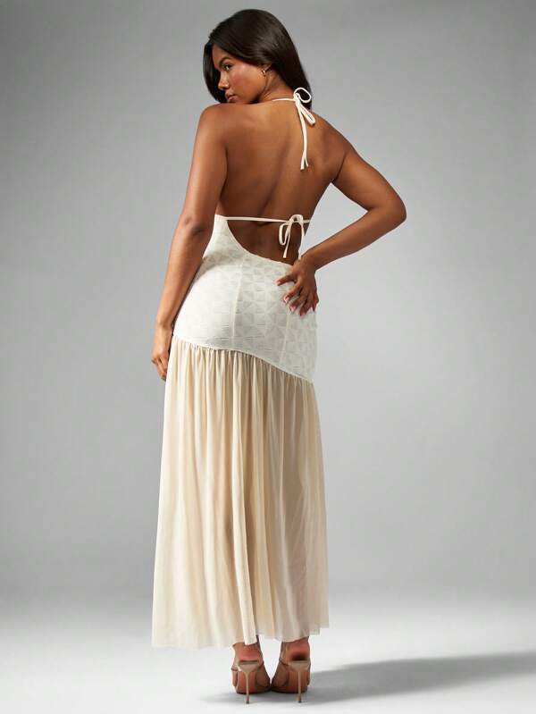 Missguided MISSGUIDED Cut Out Sheer Flowing Skirt Halter Neck Boho Textured Maxi Dress