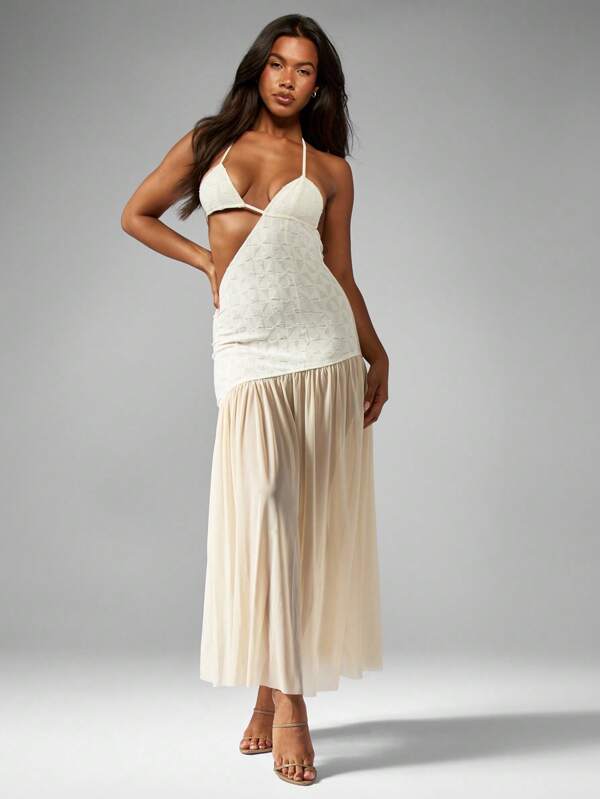 missguided MISSGUIDED Cut Out Sheer Flowing Skirt Halter Neck Boho Textured Maxi Dress