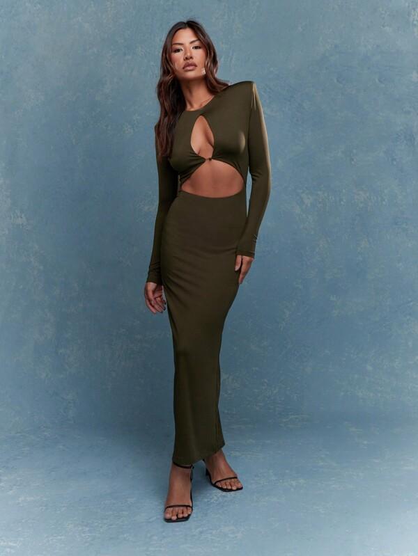 missguided MISSGUIDED Cut Out Slit Back Shoulder Padded Maxi Dress
