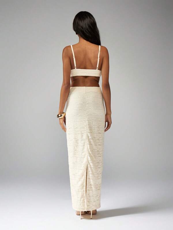 Missguided MISSGUIDED Cut Out Textured V-Neck Side Midriff Waist Detail Long Dress