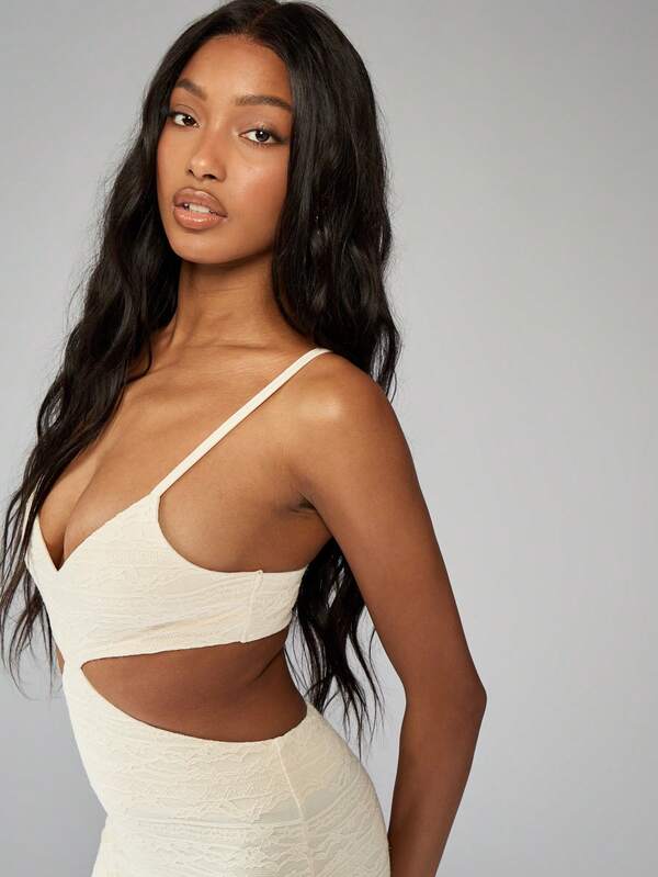 Missguided MISSGUIDED Cut Out Textured V-Neck Side Midriff Waist Detail Long Dress