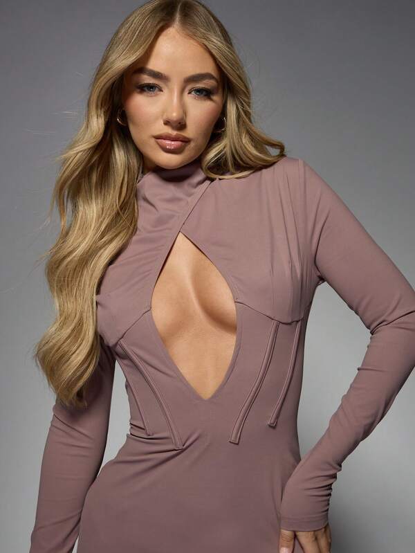 Missguided MISSGUIDED Cutout Bodycon Long Sleeve High Neck Mini Dress