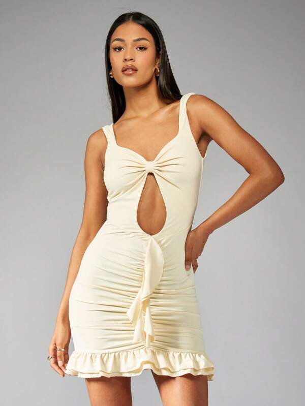 missguided MISSGUIDED Cutout Ruched Mini Dress With Tie Front And Ruffle Hem