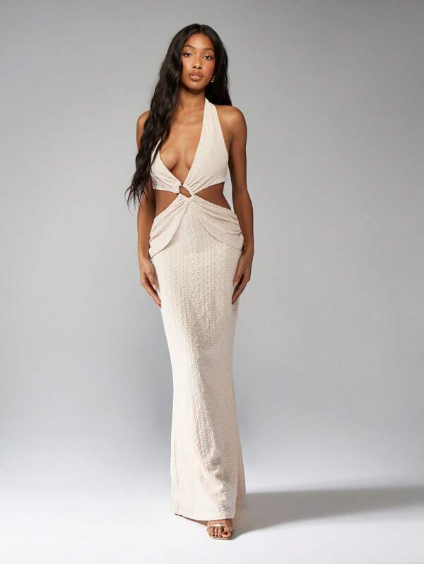 missguided MISSGUIDED Cutout Ruched Plunge Halter Maxi Dress