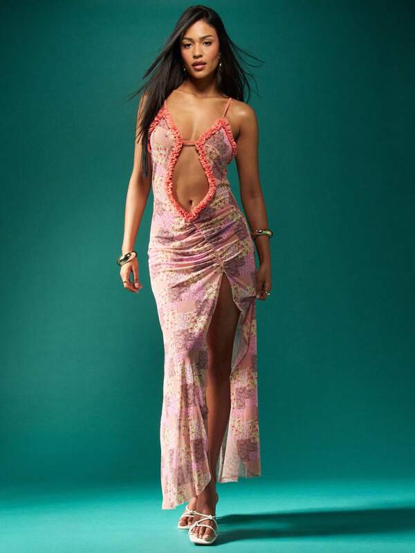 missguided MISSGUIDED Cutout Ruffle Trim Side Slit Patchwork Mesh Design Maxi Dress