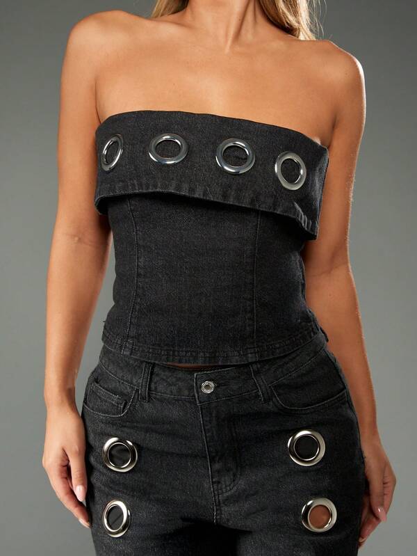 Missguided MISSGUIDED Dark Wash Denim Corset Top With Metal Eyelets