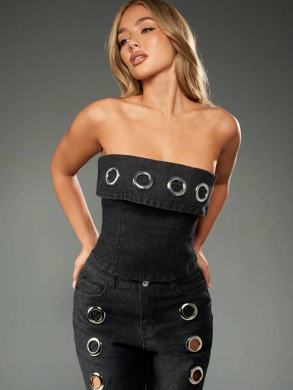 missguided MISSGUIDED Dark Wash Denim Corset Top With Metal Eyelets