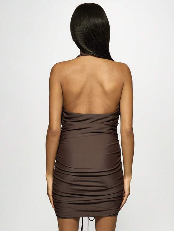 Missguided MISSGUIDED Deep Plunge Halter Neck Ruched Bodycon Women Mini Dress