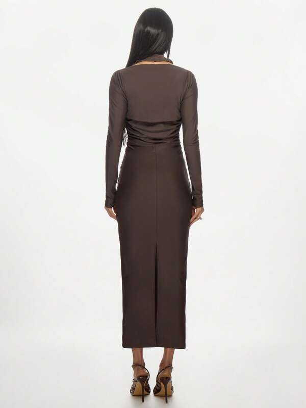 Missguided MISSGUIDED Deep Plunge Ruched Long Sleeve Bodycon Long Dress