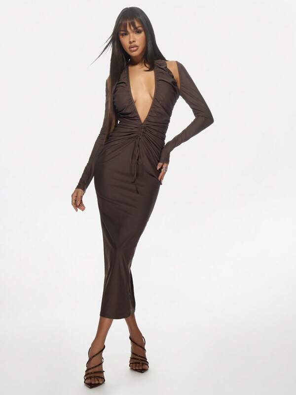 missguided MISSGUIDED Deep Plunge Ruched Long Sleeve Bodycon Long Dress