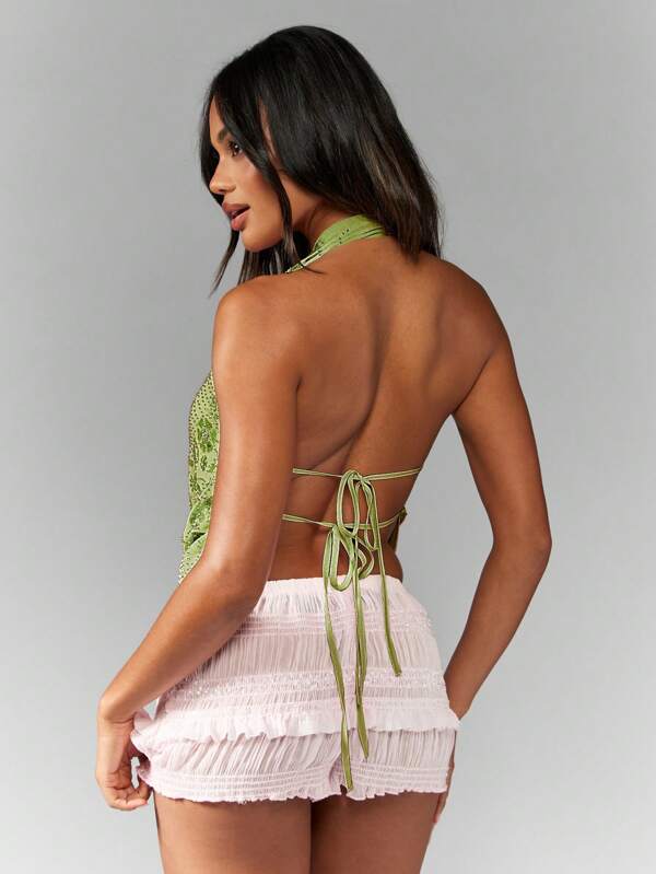 Missguided MISSGUIDED Deep Plunge Sequin Halter Neck Backless Top