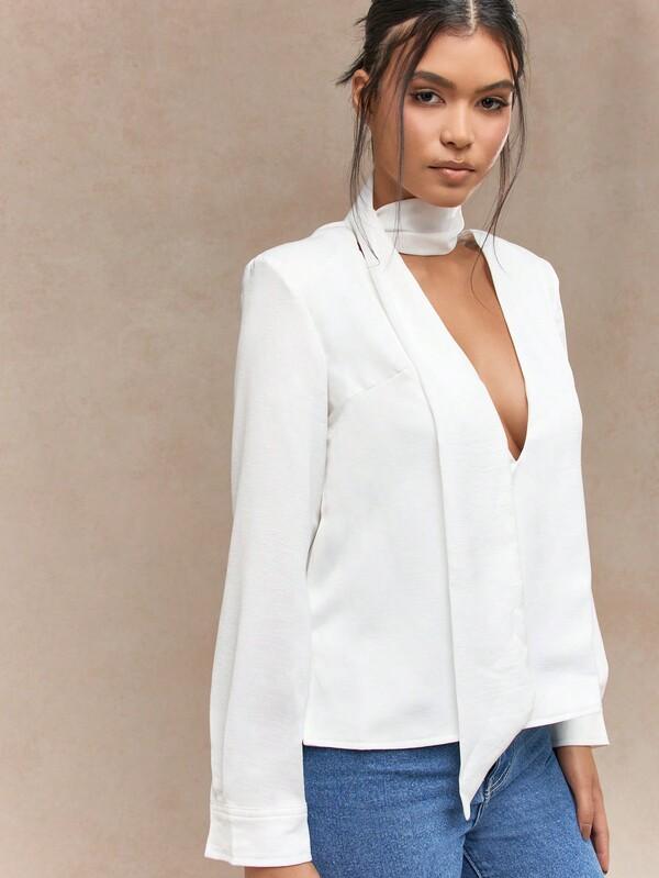 Missguided MISSGUIDED Deep V Neck Long Sleeve Blouse With Scarf