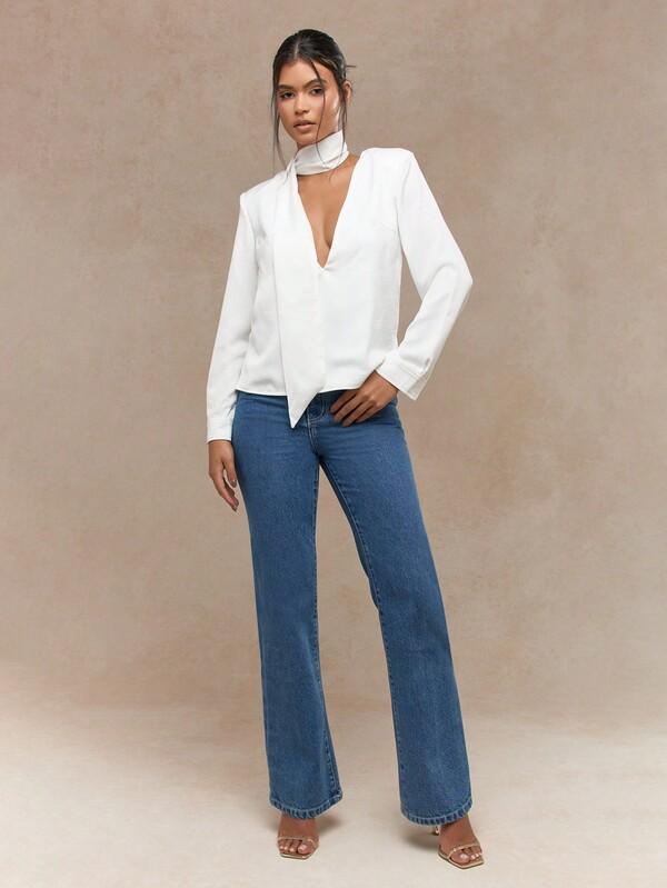 Missguided MISSGUIDED Deep V Neck Long Sleeve Blouse With Scarf