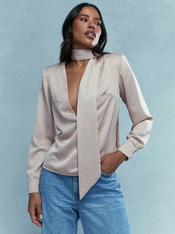 missguided MISSGUIDED Deep V Neck Long Sleeve Blouse With Scarf