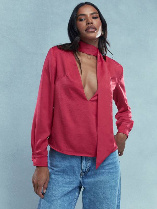 missguided MISSGUIDED Deep V Neck Long Sleeve Blouse With Scarf