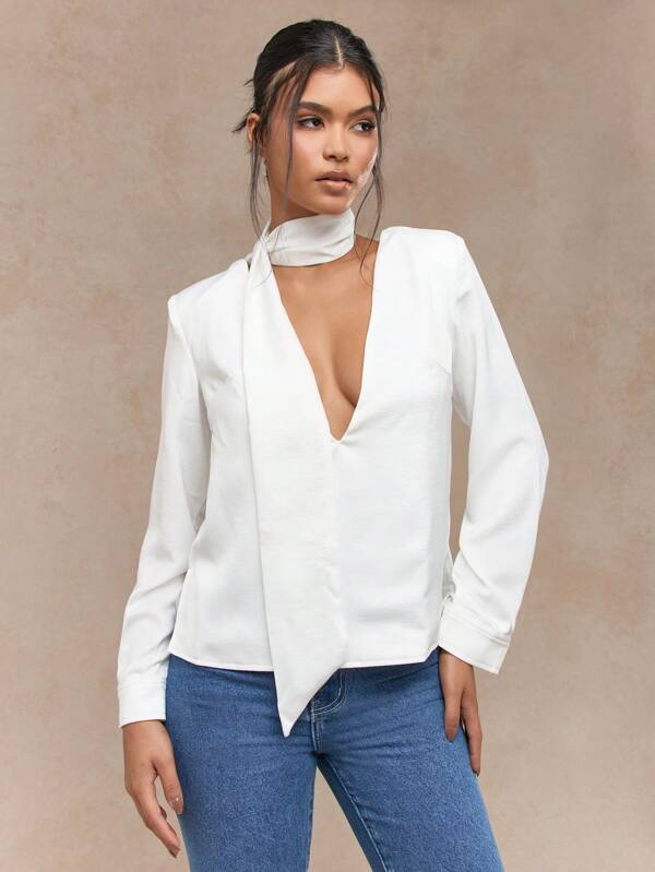 missguided MISSGUIDED Deep V Neck Long Sleeve Blouse With Scarf