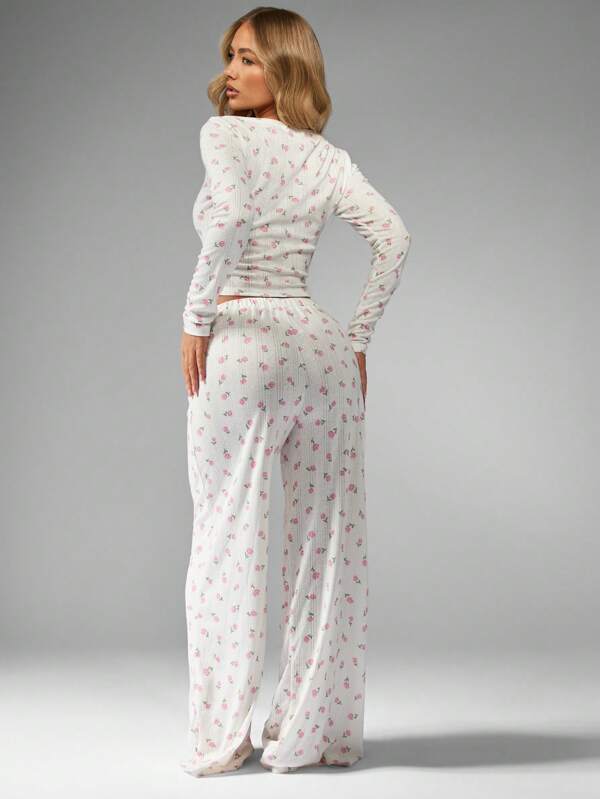Missguided MISSGUIDED Delicate Floral Print Ribbed Knit Long Sleeve Wide Leg Pajama Set