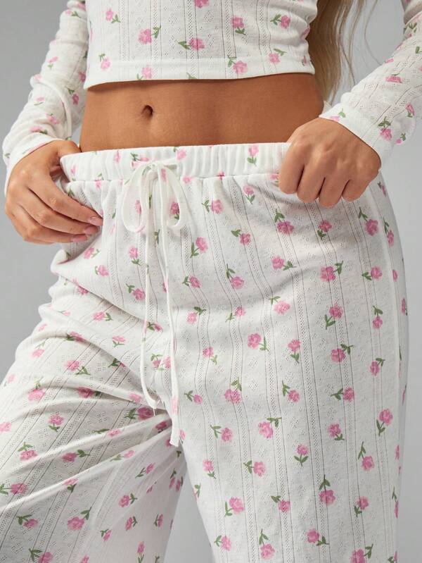 Missguided MISSGUIDED Delicate Floral Print Ribbed Knit Long Sleeve Wide Leg Pajama Set