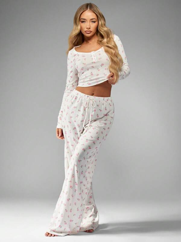 missguided MISSGUIDED Delicate Floral Print Ribbed Knit Long Sleeve Wide Leg Pajama Set