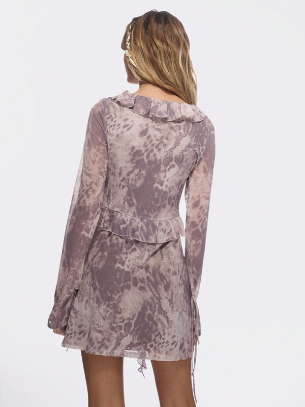 Missguided MISSGUIDED Delicate Ruffle Mesh Mini Dress With Long Sleeves Tie-Up Front