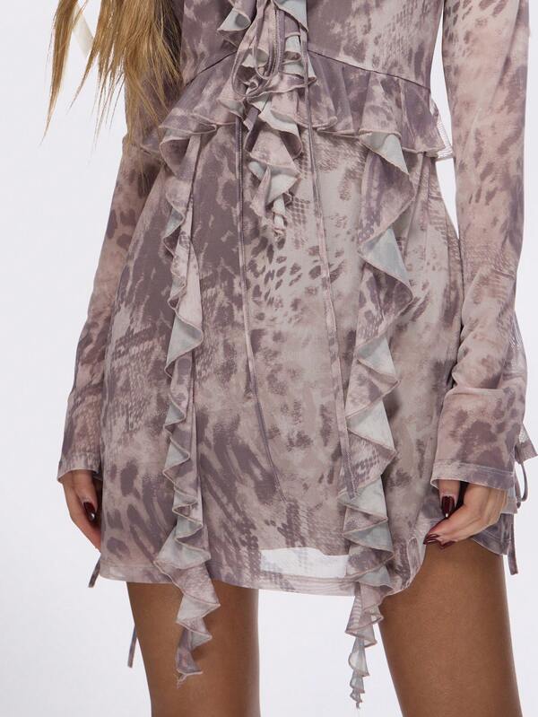 Missguided MISSGUIDED Delicate Ruffle Mesh Mini Dress With Long Sleeves Tie-Up Front