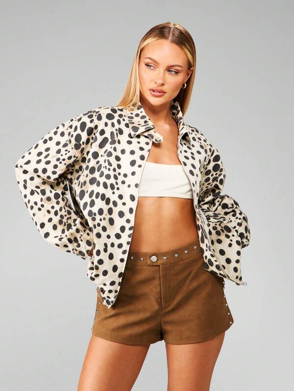 missguided MISSGUIDED Denim Bomber Jacket With Dalmatian Print Pattern