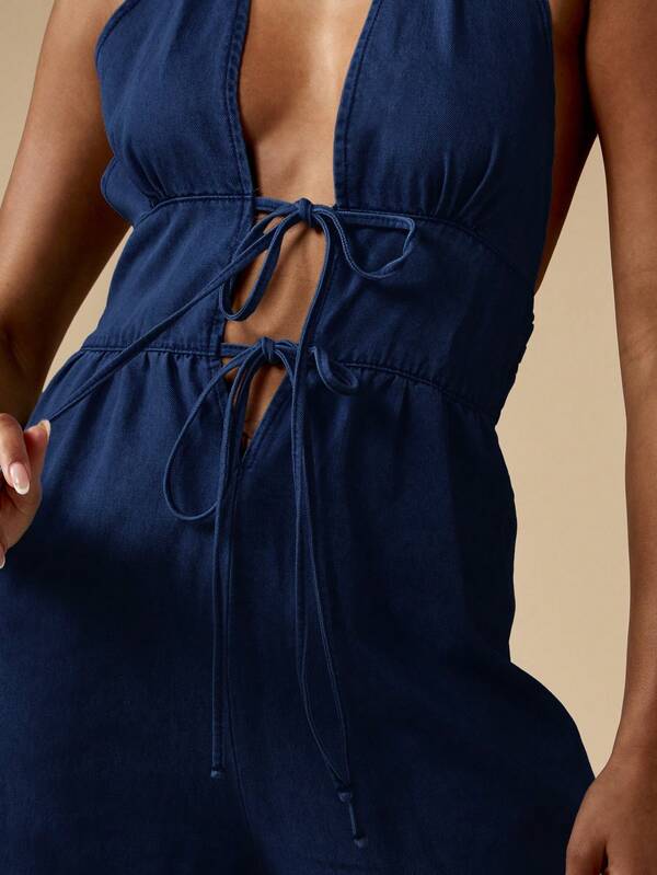 Missguided MISSGUIDED Denim Halter Jumpsuit With Wide Leg Design