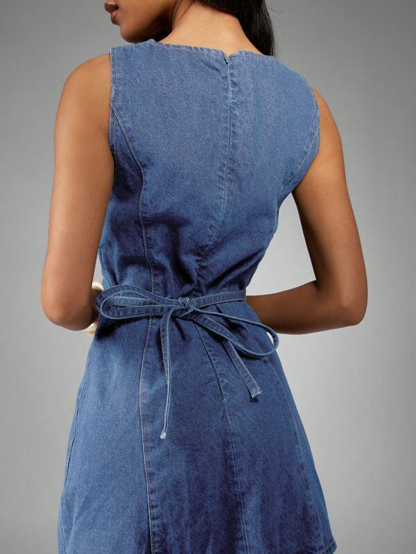 Missguided MISSGUIDED Denim Mini Dress Sleeveless A Line Shift Back Tie Waist