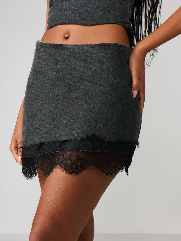 missguided MISSGUIDED Denim Mini Skirt With Lace Trim