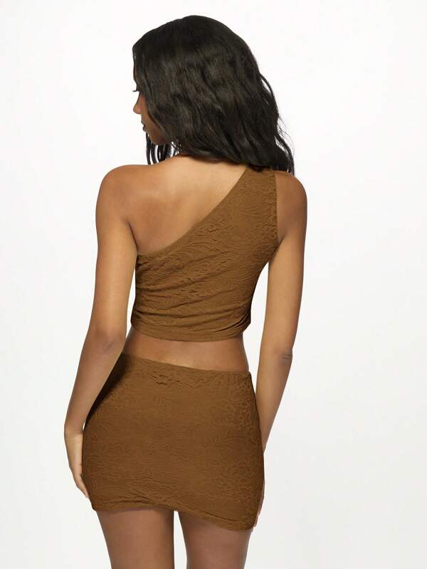 Missguided MISSGUIDED Designer Lace One Shoulder Crop Top Mini Skirt Set
